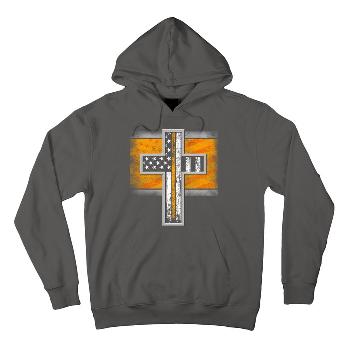 Thin Gold Line Cross Flag Support Front line Workers Hoodie