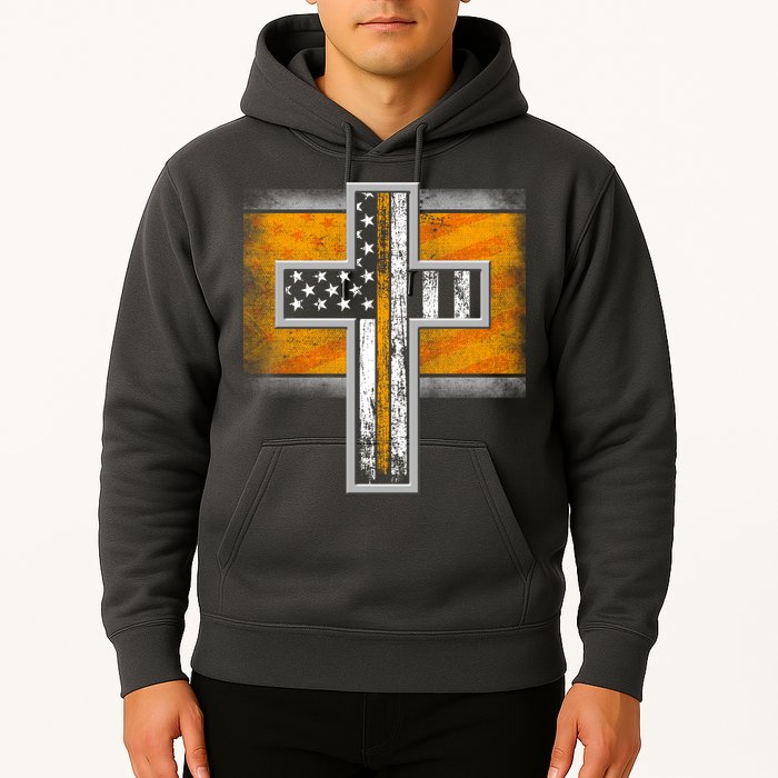 Thin Gold Line Cross Flag Support Front line Workers Hoodie