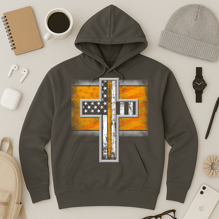 Thin Gold Line Cross Flag Support Front line Workers Hoodie