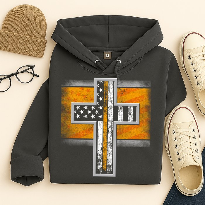Thin Gold Line Cross Flag Support Front line Workers Hoodie