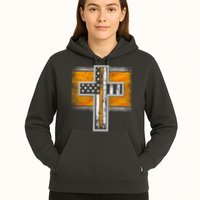 Thin Gold Line Cross Flag Support Front line Workers Hoodie
