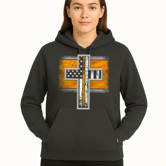 Thin Gold Line Cross Flag Support Front line Workers Hoodie