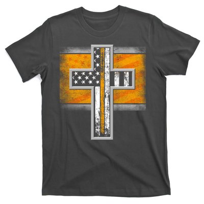 Thin Gold Line Cross Flag Support Front line Workers T-Shirt