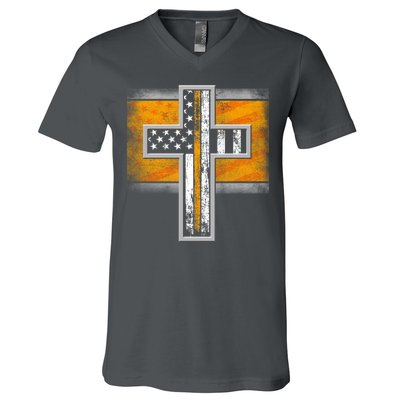 Thin Gold Line Cross Flag Support Front line Workers V-Neck T-Shirt