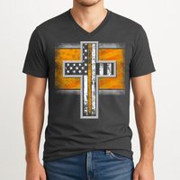 Thin Gold Line Cross Flag Support Front line Workers V-Neck T-Shirt