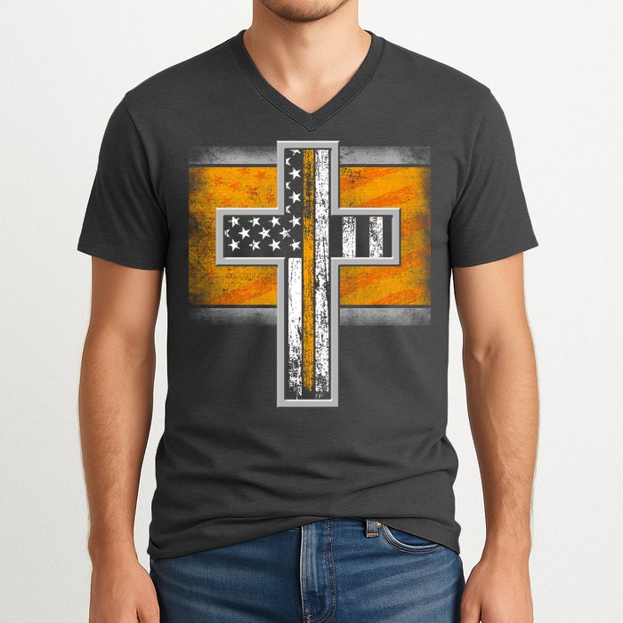 Thin Gold Line Cross Flag Support Front line Workers V-Neck T-Shirt