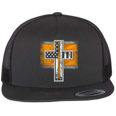 Thin Gold Line Cross Flag Support Front line Workers Flat Bill Trucker Hat