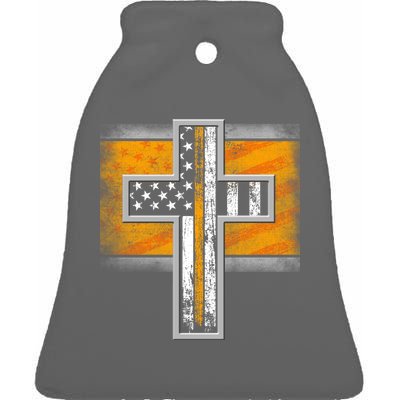 Thin Gold Line Cross Flag Support Front line Workers Ceramic Bell Ornament