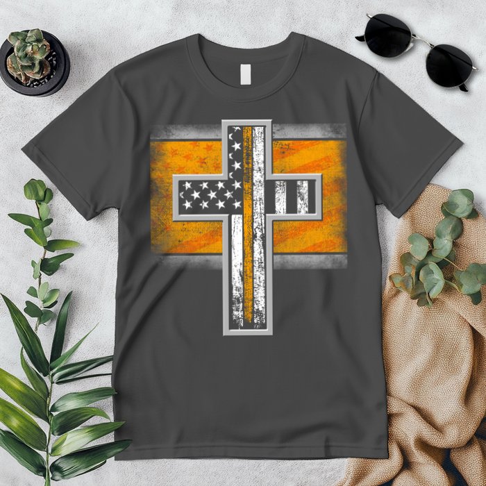 Thin Gold Line Cross Flag Support Front line Workers Premium T-Shirt