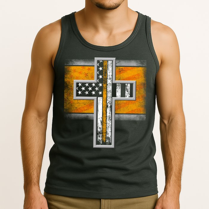 Thin Gold Line Cross Flag Support Front line Workers Tank Top