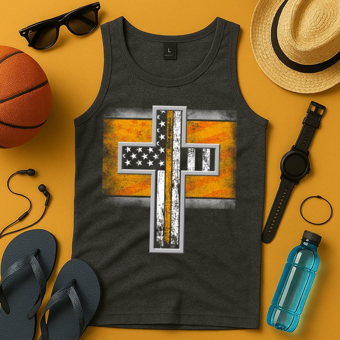 Thin Gold Line Cross Flag Support Front line Workers Tank Top