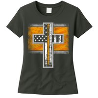 Thin Gold Line Cross Flag Support Front line Workers Womens T-Shirt