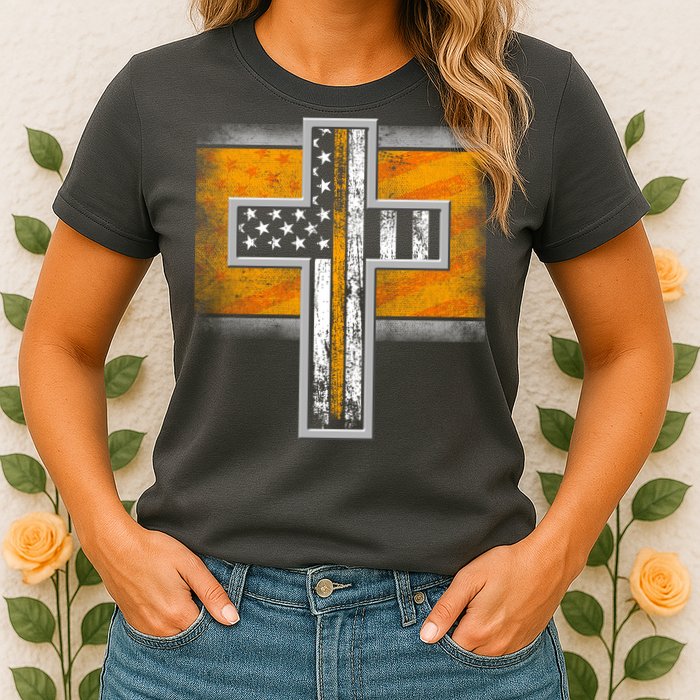 Thin Gold Line Cross Flag Support Front line Workers Womens T-Shirt