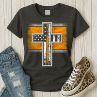Thin Gold Line Cross Flag Support Front line Workers Womens T-Shirt