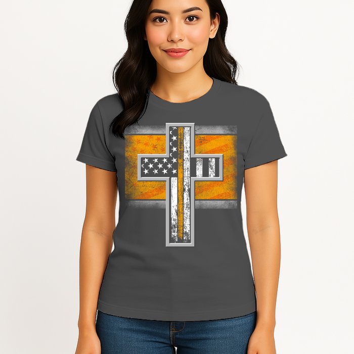 Thin Gold Line Cross Flag Support Front line Workers Womens T-Shirt