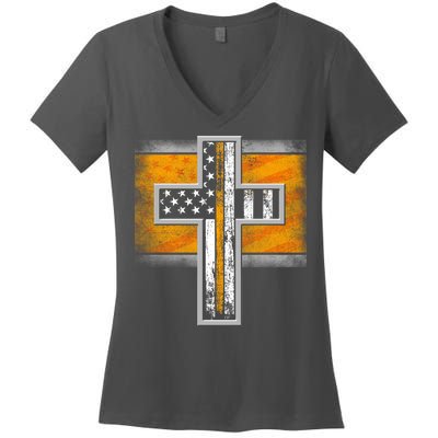 Thin Gold Line Cross Flag Support Front line Workers Women's V-Neck T-Shirt