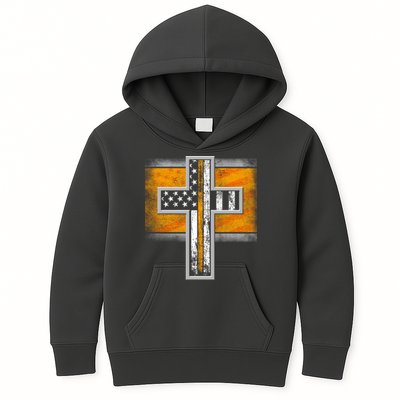 Thin Gold Line Cross Flag Support Front line Workers Kids Hoodie
