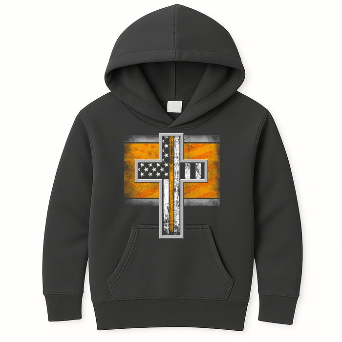 Thin Gold Line Cross Flag Support Front line Workers Kids Hoodie
