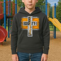 Thin Gold Line Cross Flag Support Front line Workers Kids Hoodie