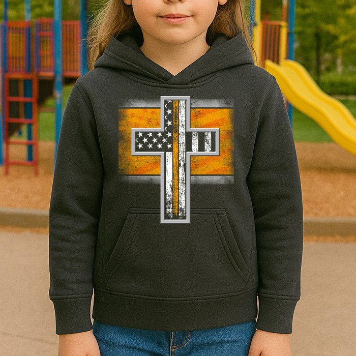 Thin Gold Line Cross Flag Support Front line Workers Kids Hoodie