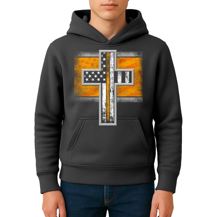 Thin Gold Line Cross Flag Support Front line Workers Kids Hoodie