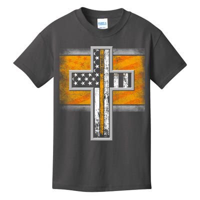 Thin Gold Line Cross Flag Support Front line Workers Kids T-Shirt