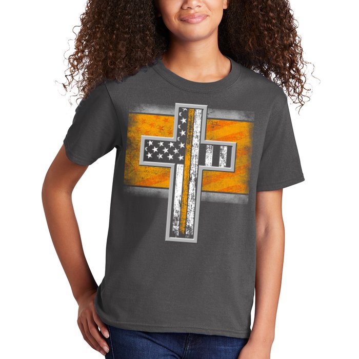 Thin Gold Line Cross Flag Support Front line Workers Kids T-Shirt