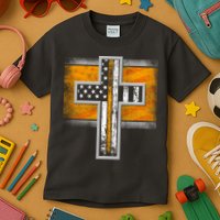 Thin Gold Line Cross Flag Support Front line Workers Kids T-Shirt