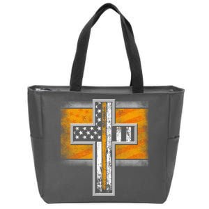 Thin Gold Line Cross Flag Support Front line Workers Zip Tote Bag