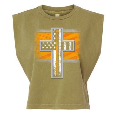 Thin Gold Line Cross Flag Support Front line Workers Garment-Dyed Women's Muscle Tee