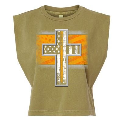 Thin Gold Line Cross Flag Support Front line Workers Garment-Dyed Women's Muscle Tee