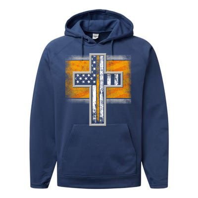 Thin Gold Line Cross Flag Support Front line Workers Performance Fleece Hoodie