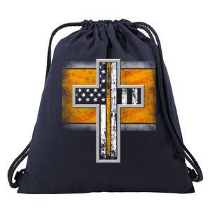 Thin Gold Line Cross Flag Support Front line Workers Drawstring Bag