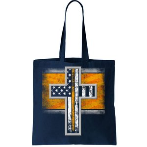 Thin Gold Line Cross Flag Support Front line Workers Tote Bag