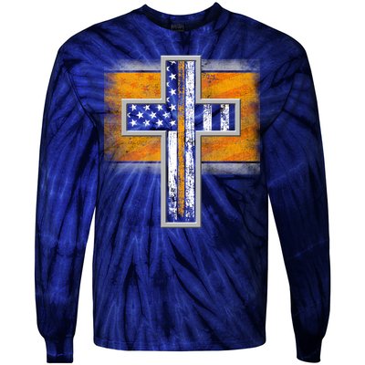 Thin Gold Line Cross Flag Support Front line Workers Tie-Dye Long Sleeve Shirt