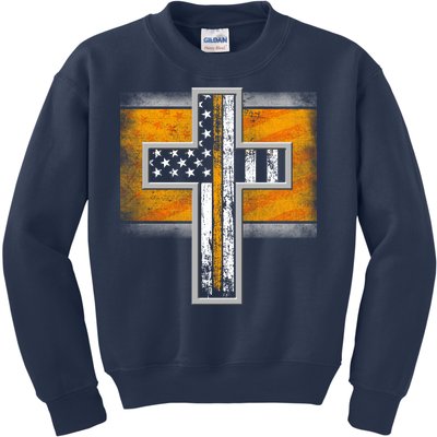 Thin Gold Line Cross Flag Support Front line Workers Kids Sweatshirt