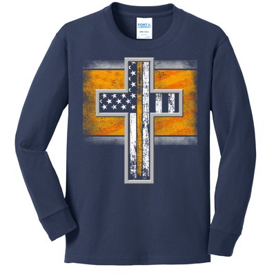 Thin Gold Line Cross Flag Support Front line Workers Kids Long Sleeve Shirt