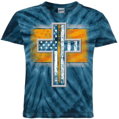 Thin Gold Line Cross Flag Support Front line Workers Kids Tie-Dye T-Shirt