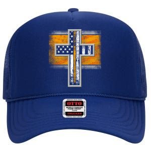 Thin Gold Line Cross Flag Support Front line Workers High Crown Mesh Back Trucker Hat