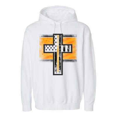 Thin Gold Line Cross Flag Support Front line Workers Garment-Dyed Fleece Hoodie