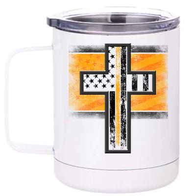 Thin Gold Line Cross Flag Support Front line Workers 12 oz Stainless Steel Tumbler Cup