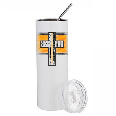 Thin Gold Line Cross Flag Support Front line Workers Stainless Steel Tumbler