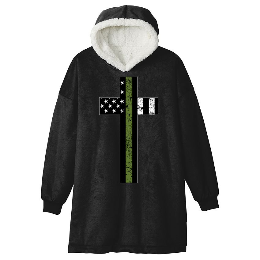 Thin Green Line Cross Military Hooded Wearable Blanket