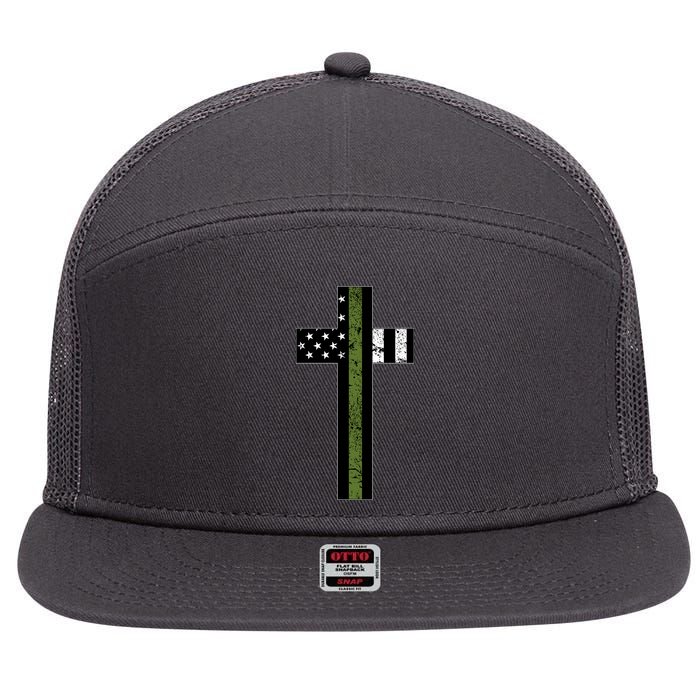 Thin Green Line Cross Military 7 Panel Mesh Trucker Snapback Hat