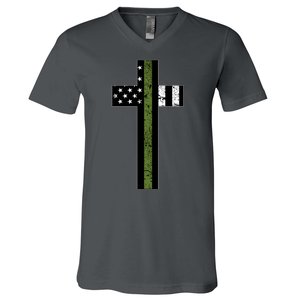 Thin Green Line Cross Military V-Neck T-Shirt