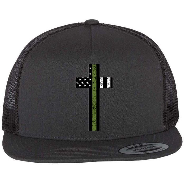 Thin Green Line Cross Military Flat Bill Trucker Hat