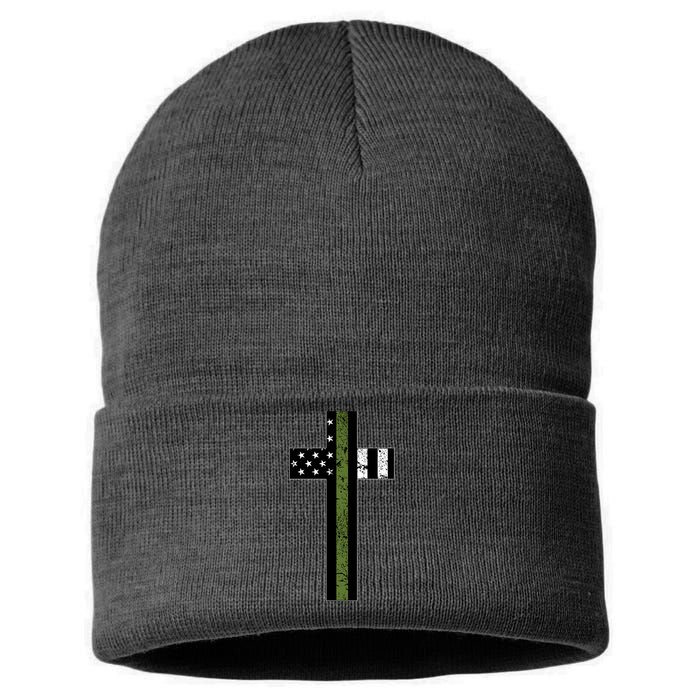 Thin Green Line Cross Military Sustainable Knit Beanie