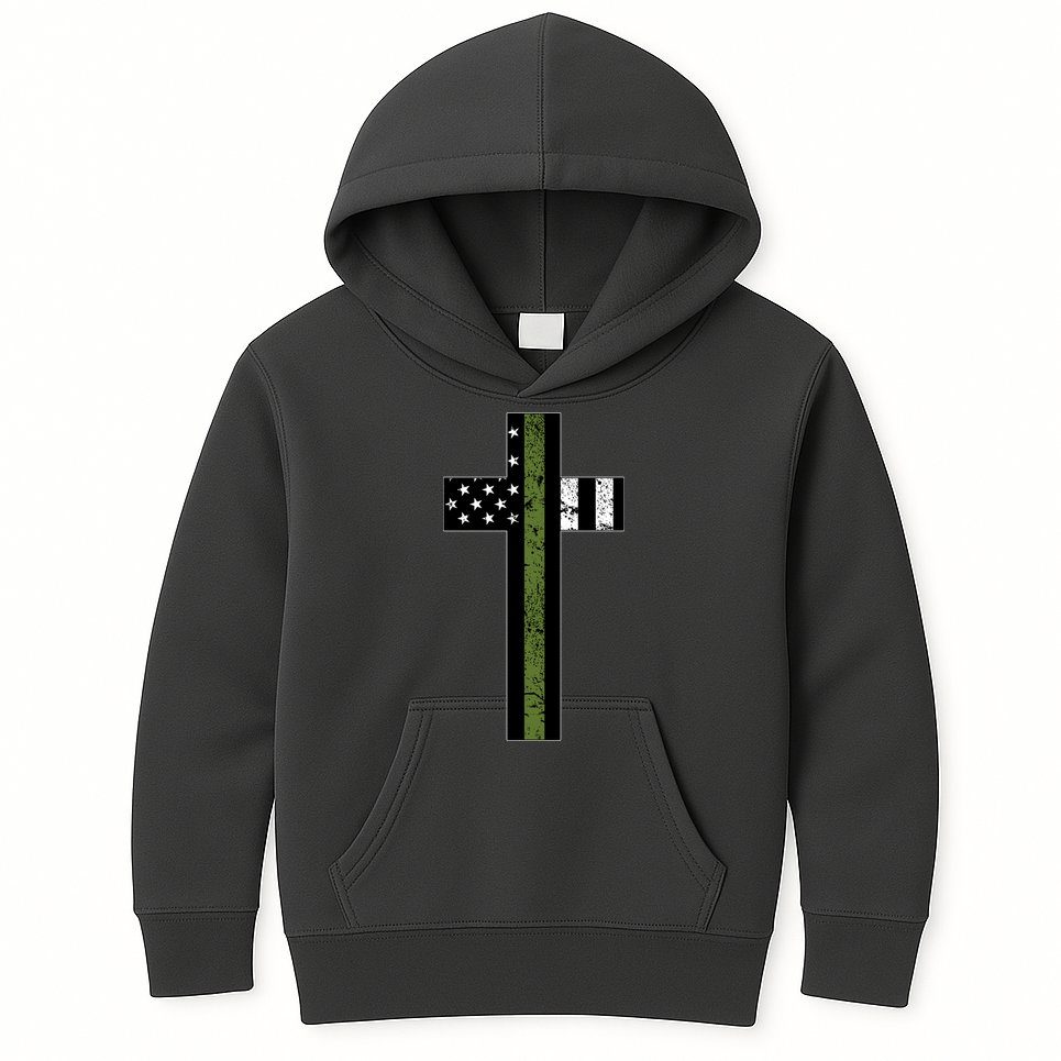 Thin Green Line Cross Military Kids Hoodie