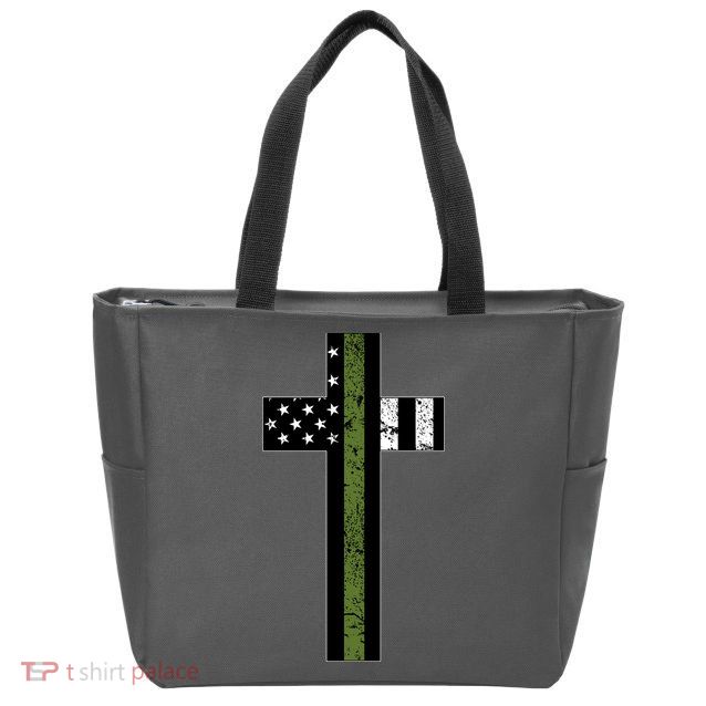 Thin Green Line Cross Military Zip Tote Bag