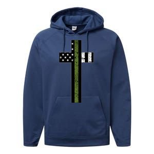 Thin Green Line Cross Military Performance Fleece Hoodie